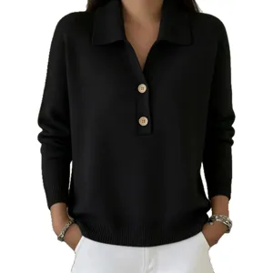2026 Automne Hiver Pull En Tricot Noir Pour Femme Col Revers Bouton Ample Casual Haut