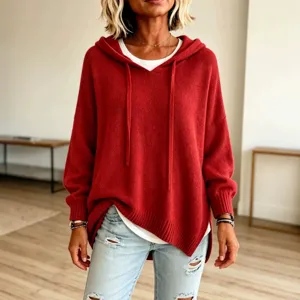 Women's Red Hooded Drawstring Knit Sweater Long Sleeve Casual Loose Pullover Main View