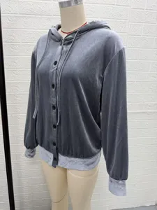 Damen grau Samt Kapuze Strickjacke langarm Knopf lässig Oberbekleidung Herbst Winter 2026