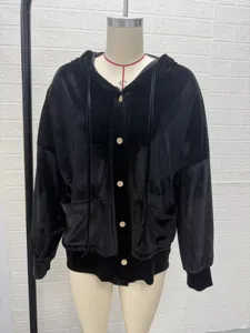 Women black velvet hooded cardigan jacket casual long sleeve button up coat autumn winter