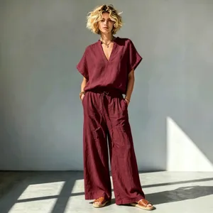 Damen Sommer Freizeit Leinen V-Ausschnitt Kurzarm Bluse und Weite Hose Set Hauptbild