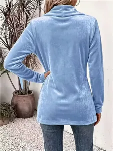 Top a maniche lunghe in velluto da donna casual monocolore con collo ad anello elegante.
