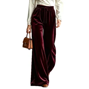Damen Samt Weite Hose Hohe Taille Kordelzug Freizeithose Herbst Winter Bordeauxrot