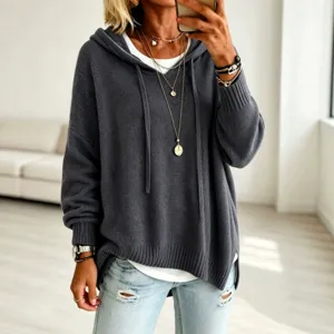 Women casual dark grey knit hoodie sweater long sleeve loose fit stylish autumn fashion apparel