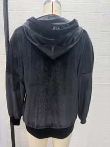 Women's black velvet hooded long sleeve cardigan jacket casual solid color autumn winter