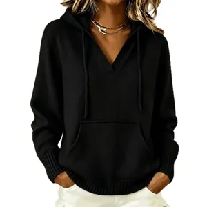 Women black knitted hooded sweatshirt with drawstring and pocket, casual autumn long sleeve sweater