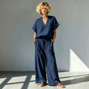 Lockerer Damen Leinen Kurzarm V-Ausschnitt Oberteil und weite Freizeithosen Sommer Set.