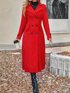 Eleganter roter langer Wollmantel mit Doppelreiher für Damen, warmer Winter-Stil.