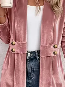 Donna cardigan in velluto rosa manica lunga capo spalla doppiopetto cappotto casual