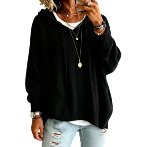 Casual long sleeve black knit hoodie sweater for women loose pullover with adjustable drawstrings