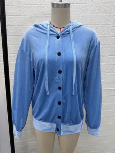 Damen Samt Kapuze Strickjacke Langarm Knopf Unifarben Lässig Herbst Oberbekleidung