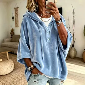 Women solid color gold velvet casual half sleeve hooded top spring autumn fashion apparel