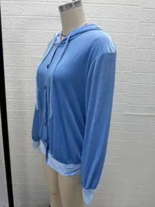 Damen einfarbige Kapuzen Samt Strickjacke, lässige Langarm Knopf Oberbekleidung Top.