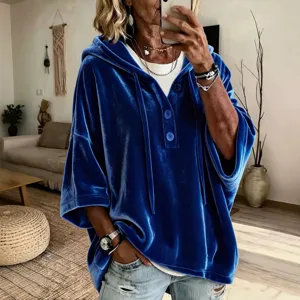 Women Solid Color Velvet Casual Half-Sleeve Hooded Top Spring Summer Fashion Apparel New Style