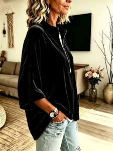 Autunno inverno donna top in velluto nero maniche 3/4 collo alto zip metà morbido tessuto
