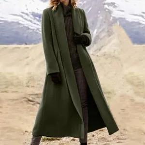 Women extra long wool blend trench coat casual winter overcoat elegant outerwear detail