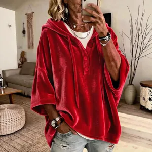 Women red velvet hoodie casual three quarter sleeve pullover top with button and drawstring new