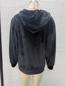Damen schwarze Gold Samt Kapuze Langarm Cardigan Mantel Herbst Winter Freizeit Outwear