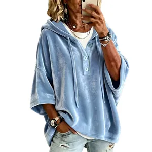 Women solid color velour casual hoodie 3/4 sleeve top stylish comfortable spring autumn wear