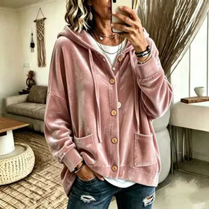 Pink velvet hooded cardigan detail, casual long sleeve jacket with front buttons and pockets.