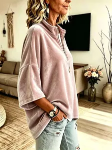 Autunno inverno top in velluto da donna dettaglio, mezza zip collo alto morbido e comodo.