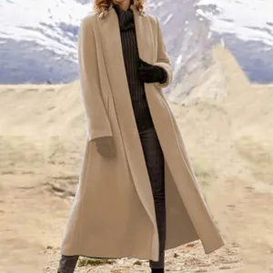 Women long beige wool trench coat winter outerwear casual fashion elegant classy detail