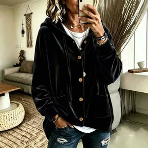 Black velvet hooded cardigan for women, casual long sleeve button up outerwear piece.