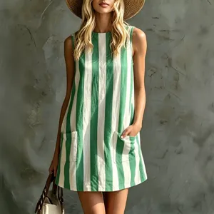 Donna abito mini senza maniche rigato verde bianco casual estivo mare con tasche eleganti