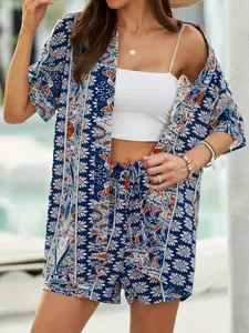 Böhmischer Blumenprint Kurzarm Cardigan und High Waist Shorts zweiteiliges Urlaubsset