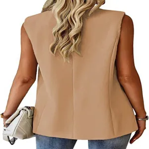 Detailansicht Damen ärmellose khakifarbene Blazerweste Rückendesign, elegante Sommerbekleidung.