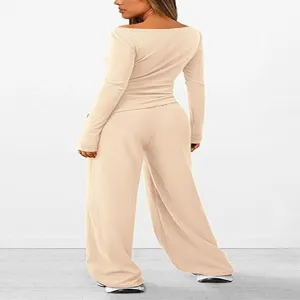 Beige casual two-piece set, asymmetric long sleeve top and wide leg pants for women.