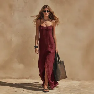 Sommer lässiges einfarbiges geteiltes Slip Dress Damen Mode elegantes langes Maxikleid