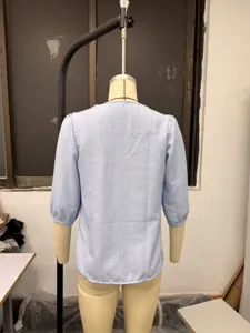 Summer casual solid color square neck lace patch cotton linen three-quarter sleeve blouse