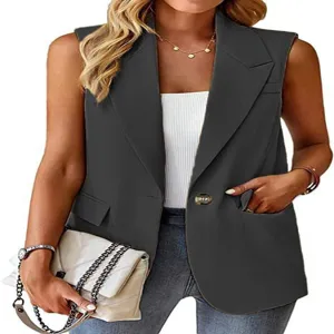 Damen Einfarbig Aermellos Blazer Weste Casual Offene Front Anzugjacke Oberbekleidung