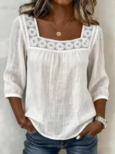 Detail view of the white square neck lace stitched 3/4 sleeve casual cotton linen blouse.
