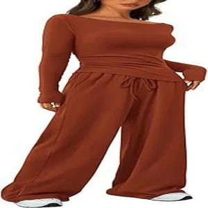 Casual two-piece lounge set featuring a chic asymmetric long-sleeve top and wide-leg pants.