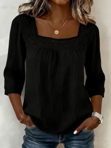 Detailed view of the black casual square neck lace patchwork 3/4 sleeve linen top.