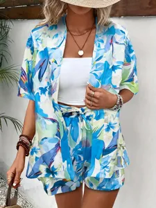 Tropischer Blumenprint Zweiteiler Set Kurzarm Bluse und High Waist Shorts fuer Urlaub