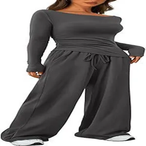Casual long sleeve asymmetric top and wide leg pants two piece lounge set for women.
