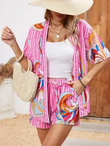 Rosa Gestreifter Abstrakter Print Zweiteiliges Resort-Set Kurzarm-Cardigan und High-Waist-Shorts