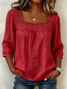 Women's summer solid color square neck lace splice 3/4 sleeve casual cotton linen blouse top.