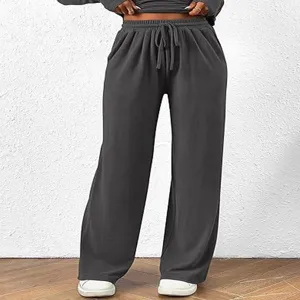 Women's dark gray wide leg lounge pants casual drawstring elastic waist comfy autumn trousers