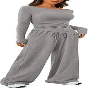 Casual two piece lounge set women long sleeve top and wide leg pants grey knit outfit.
