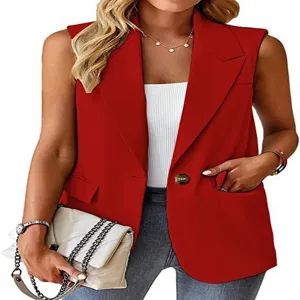 Damen Rote Aermellose Blazer Weste Elegant Laessige Anzug Weste Fruehling Mode Neu