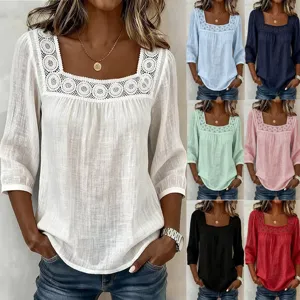 Women's Summer Casual Solid Color Square Neck Lace Patchwork Three-Quarter Sleeve Polyester Blouse Slim Fit Top