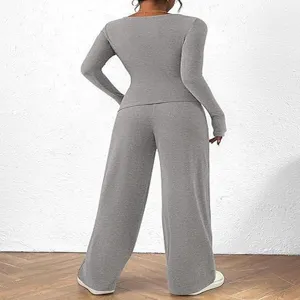 Grey long sleeve top and wide leg pants set detail view showing comfortable casual daily wear style.