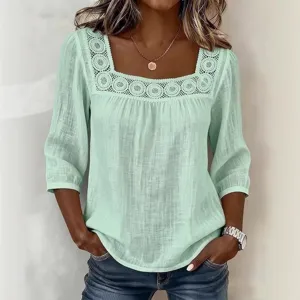 Summer casual solid color square neck lace patchwork 3/4 sleeve cotton linen blouse