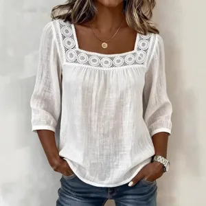 Elegant white square neck lace trim 3/4 sleeve casual cotton linen blouse women summer top