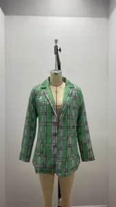 Green plaid blazer detail, lapel collar slim fit design for women's autumn casual wear.