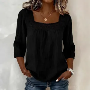 Women casual black square neck lace patchwork three quarter sleeve cotton linen top main view.